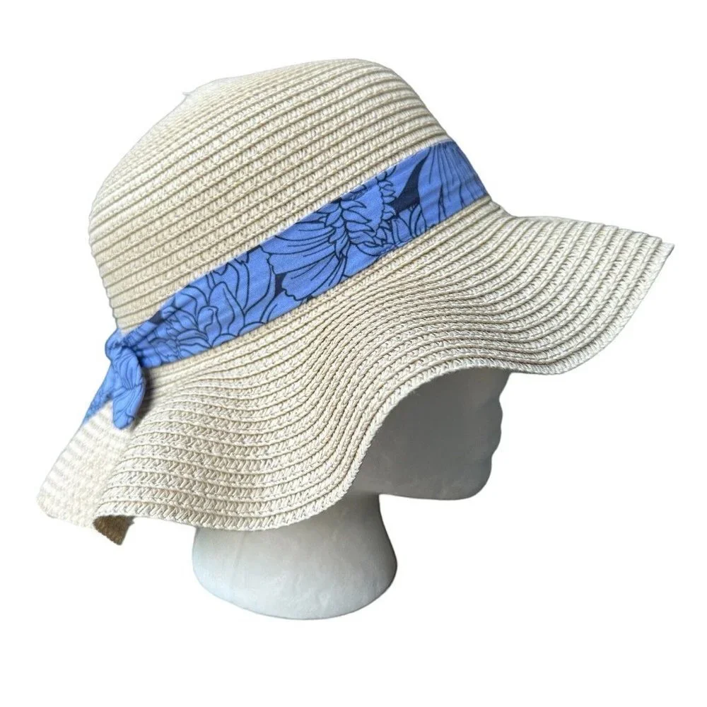 Straw Hat Wide Brim Sun Hat Beach Blue Ribbon‎ Hatband for Toddler Girls